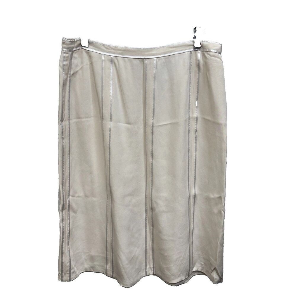 Worth Women Straight Skirt 10 Ivory Solid Silk Lined Button Zip Ribbon Trim